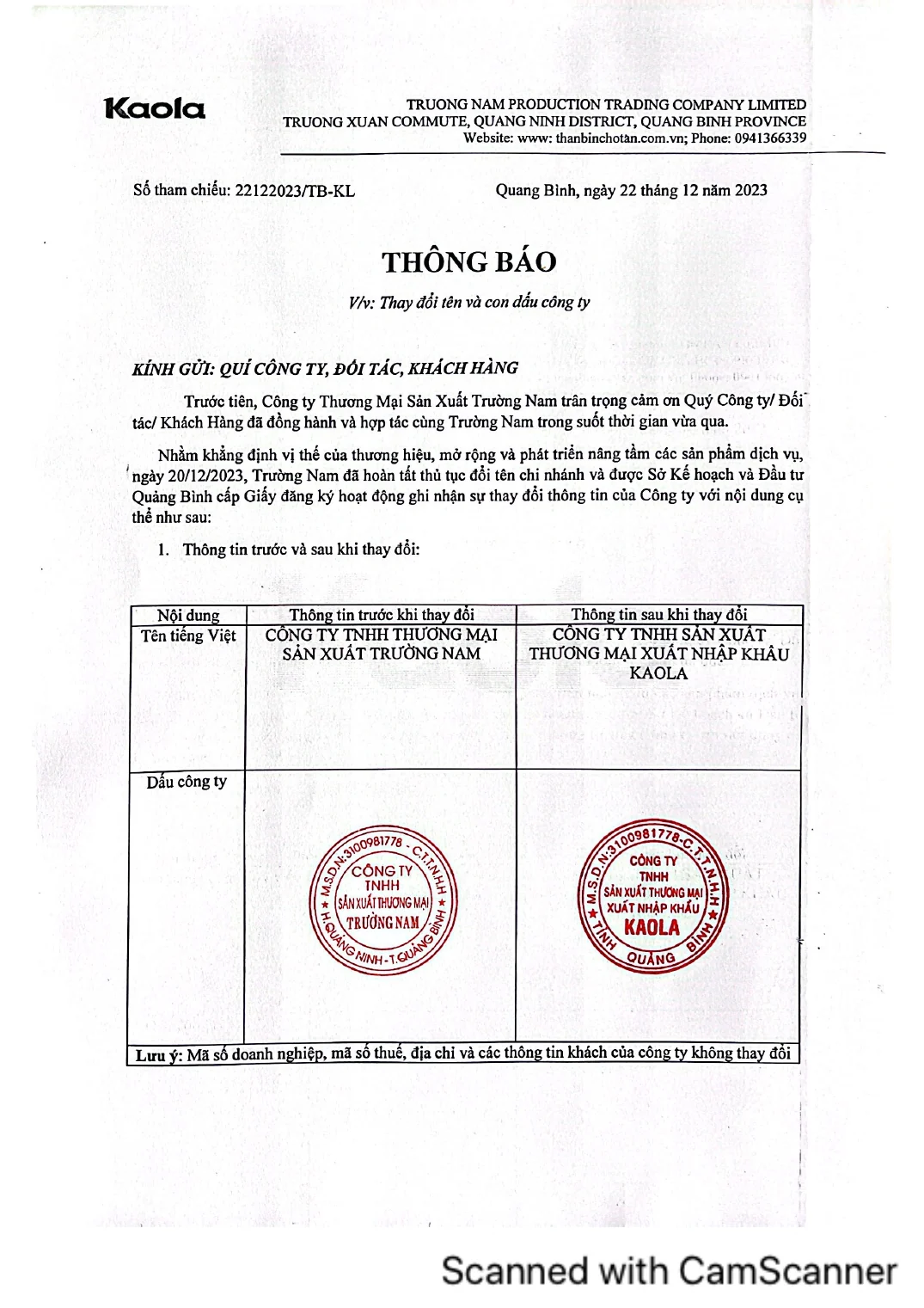 Notice confirming the company name change from Truong Nam to KAOLA