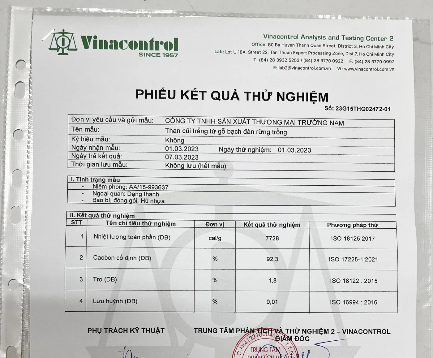 Vinacontrol test results for white eucalyptus charcoal submitted under KAOLA's former company name
