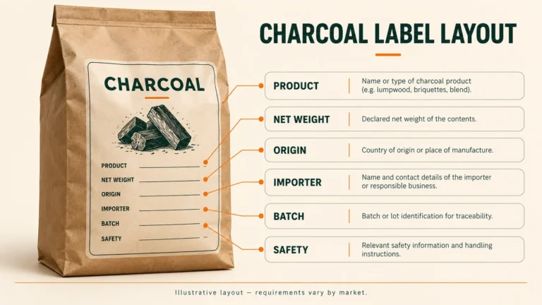 Concept label information layout for charcoal; requirements vary by product and market