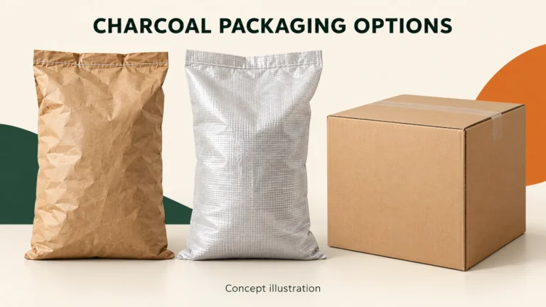 Concept illustration comparing charcoal packaging materials; not an environmental certification