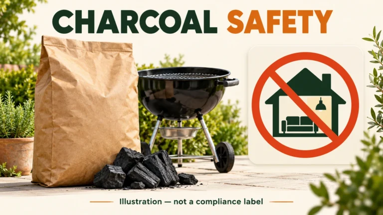 Concept illustration of charcoal safety and avoiding use in enclosed spaces